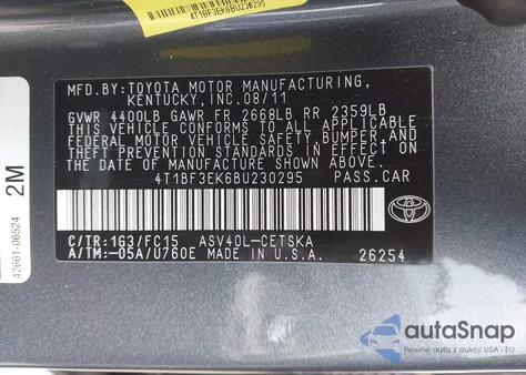 2011 Toyota Camry Se from USA, damaged, VIN 4T1BF3EK6BU230295